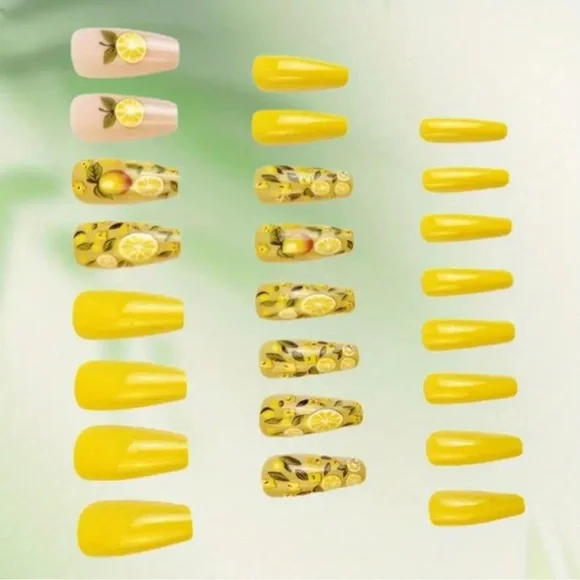 Summer Lemon Yellow Press On Nail Art Reusable 24 pc Medium NWT - Picture 7 of 11